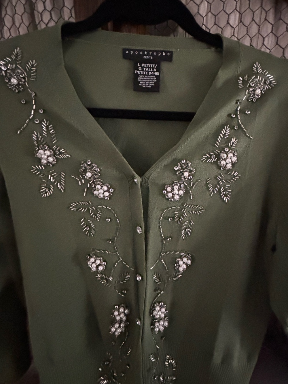 Apostrophe Olive Green Beaded Embroidered Button-Down Top